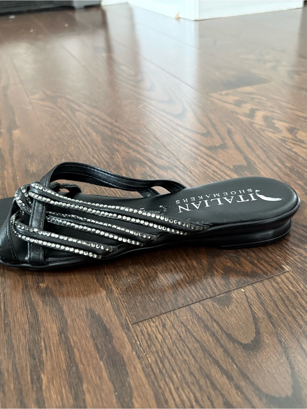 Italian Shoemakers Black Strappy Sandals with Rhinestone Accents